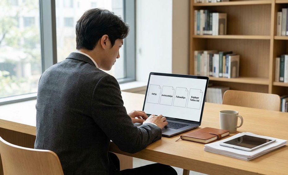 Graduate student reviewing scholarship and financial aid options on a laptop
