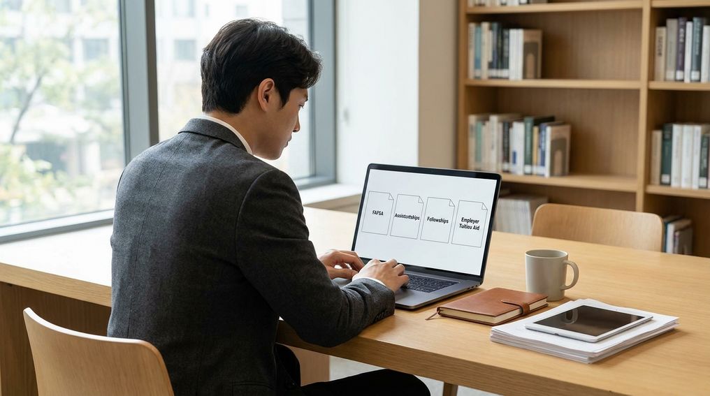 Graduate student reviewing scholarship and financial aid options on a laptop