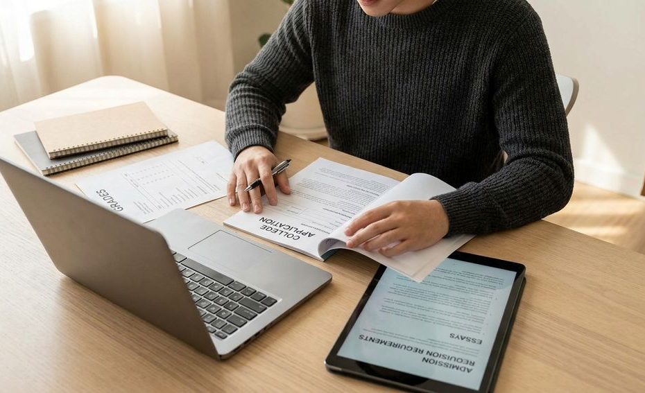 Student reviewing college application materials and transcript at a desk