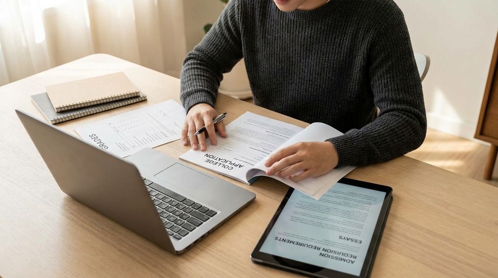 Student reviewing college application materials and transcript at a desk