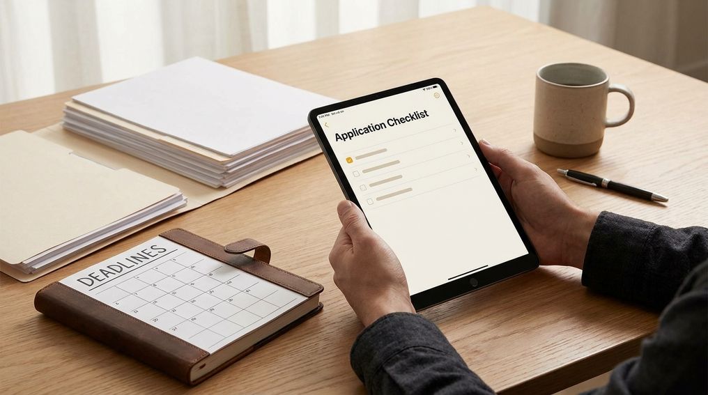 Applicant reviewing eligibility checklist and deadline calendar before starting an application