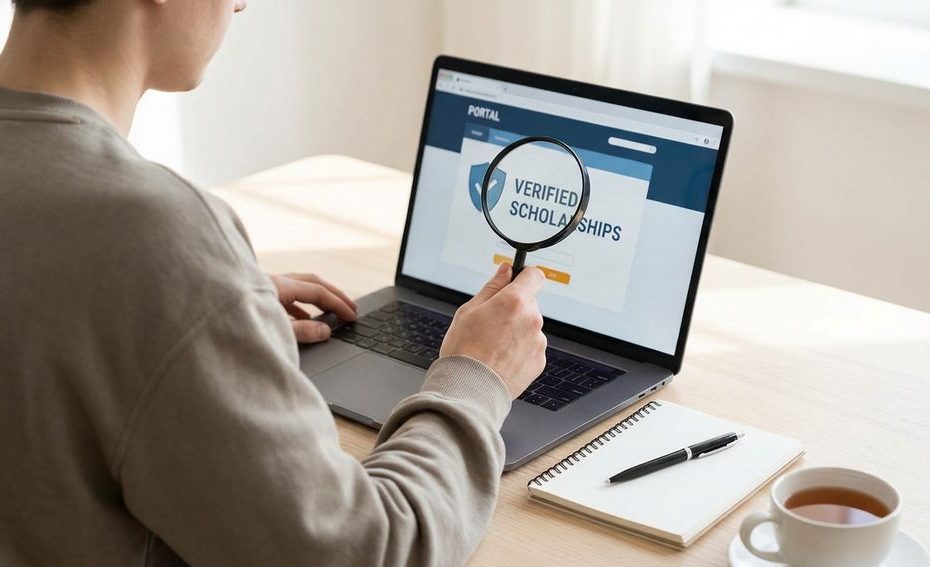 Student reviewing no essay scholarship details on a laptop