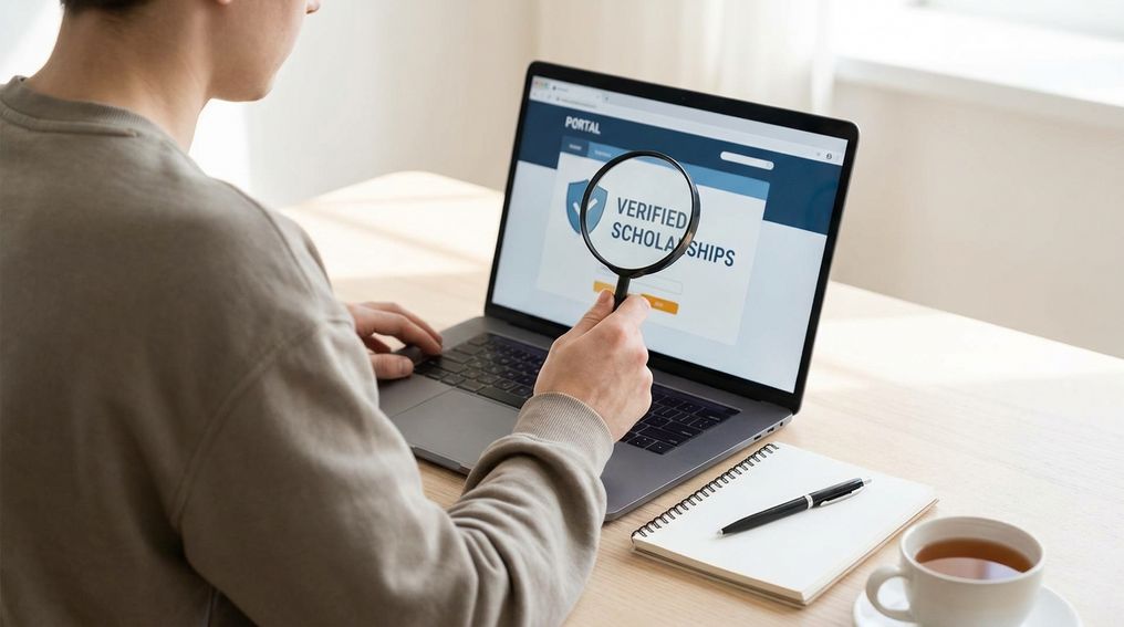 Student reviewing no essay scholarship details on a laptop