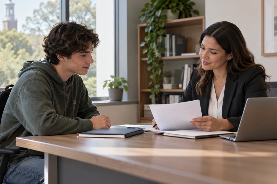 College student reviewing scholarship, tuition, and housing documents with a financial aid adviser in a university office