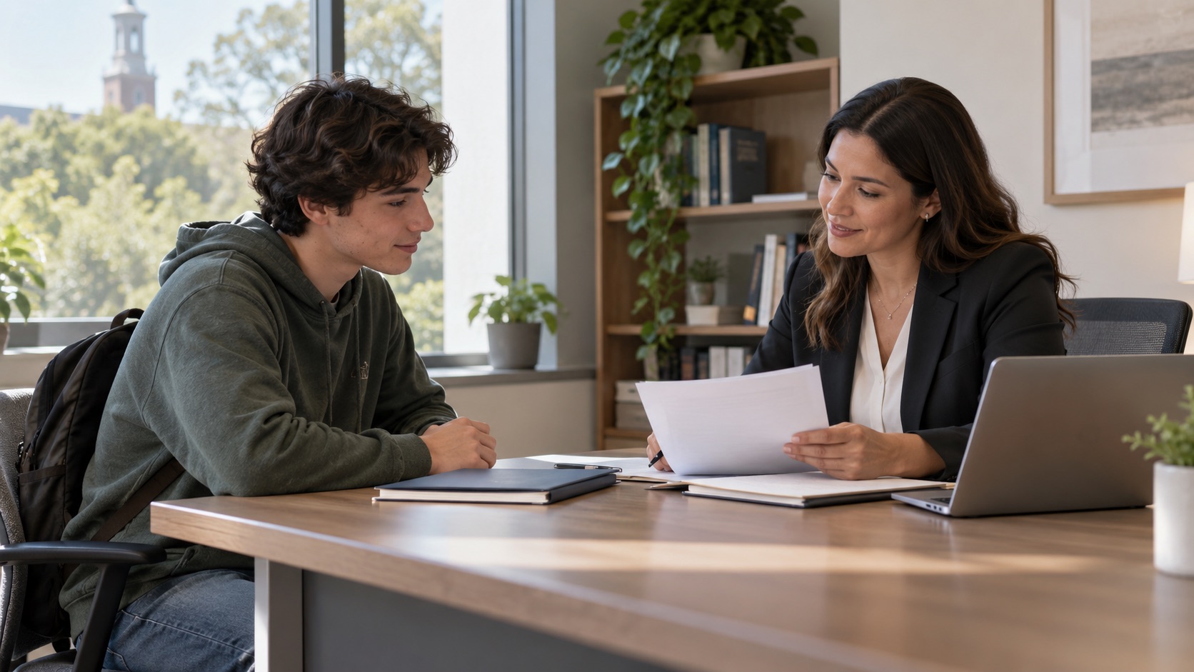 College student reviewing scholarship, tuition, and housing documents with a financial aid adviser in a university office