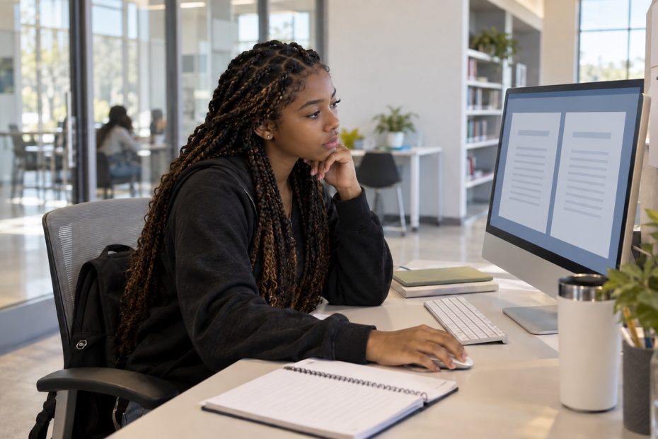 Louisiana high school senior comparing FAFSA and TOPS application options at a school college-planning workstation
