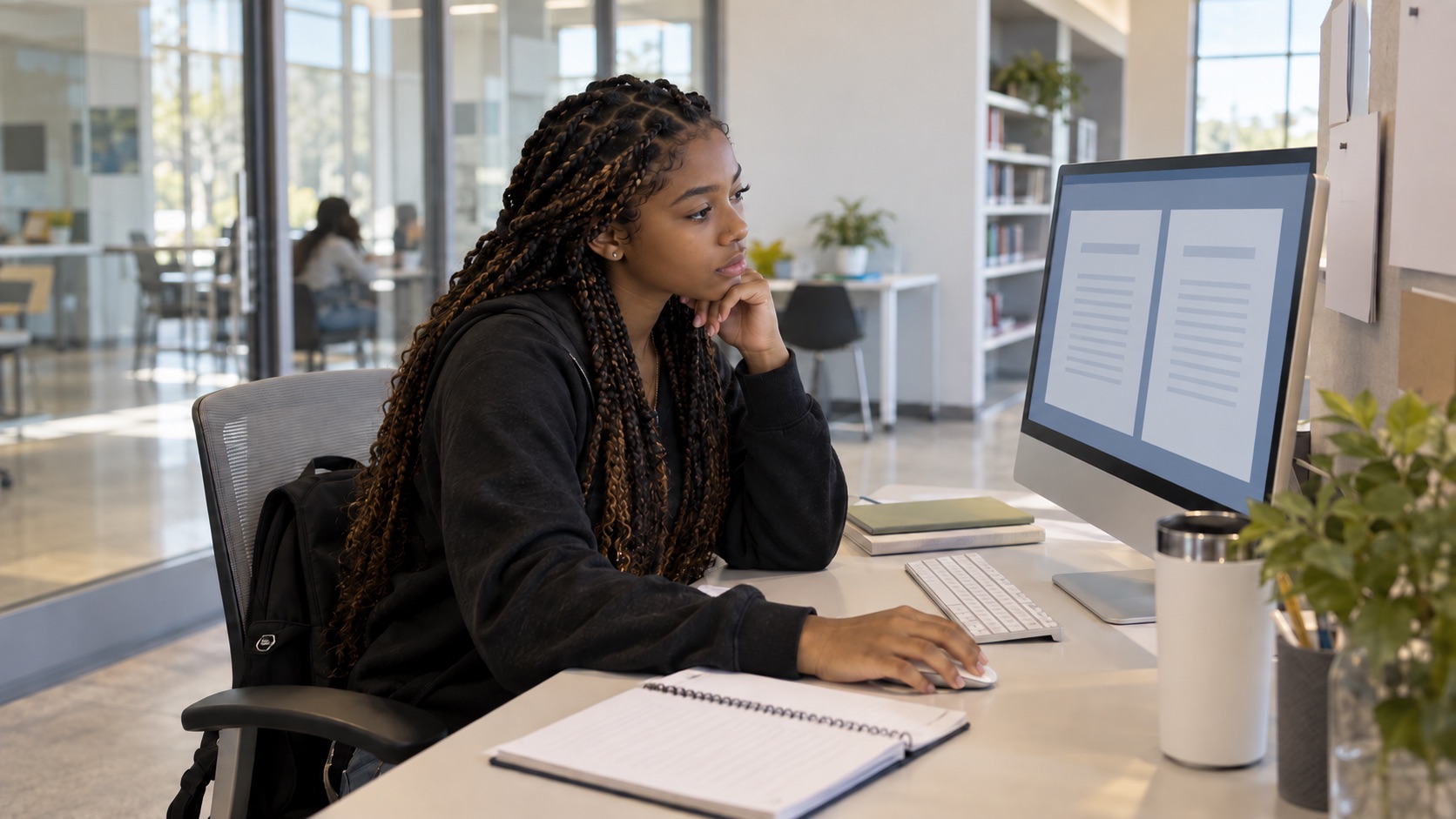 Louisiana high school senior comparing FAFSA and TOPS application options at a school college-planning workstation