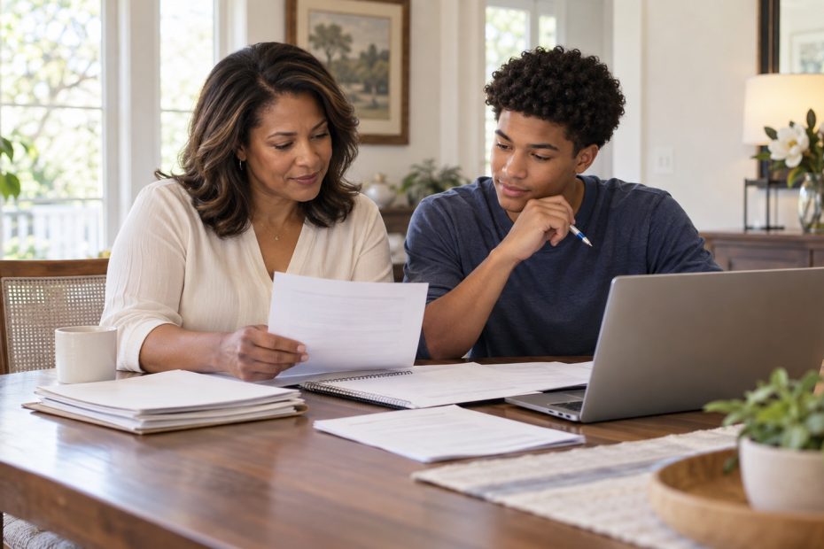 Louisiana family reviewing 2027–28 FAFSA documents together at a home dining table before the October filing period