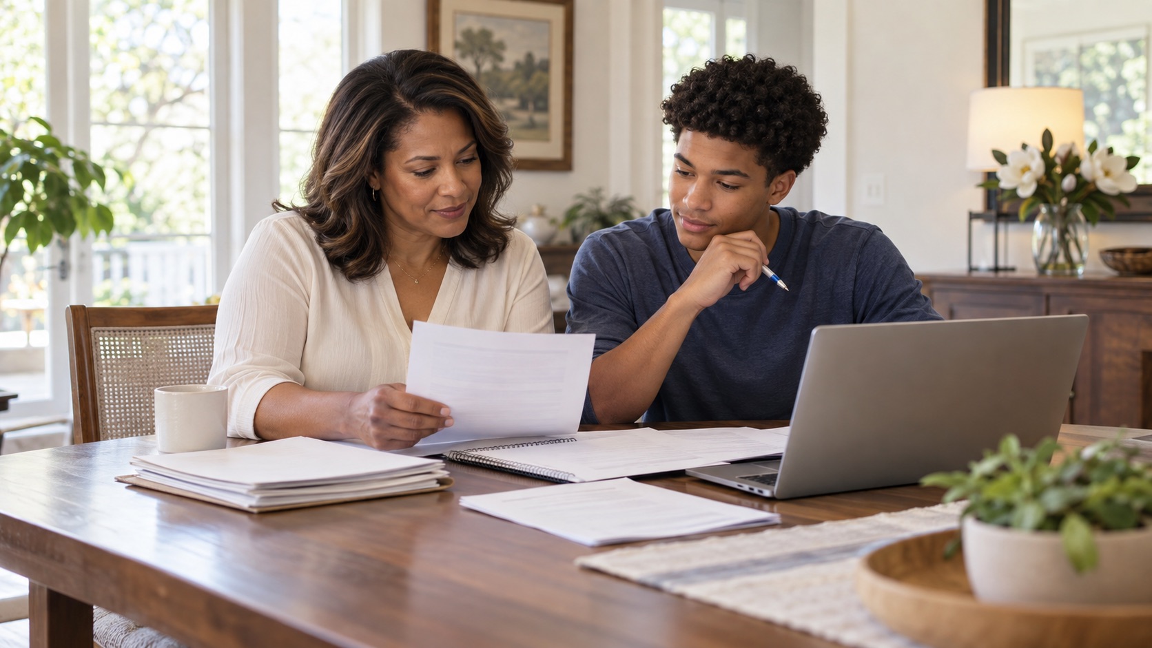 Louisiana family reviewing 2027–28 FAFSA documents together at a home dining table before the October filing period