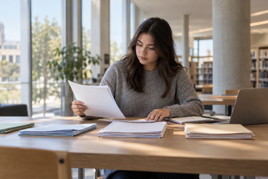 College student comparing grants, scholarships, work-study, and loan documents at a quiet study table