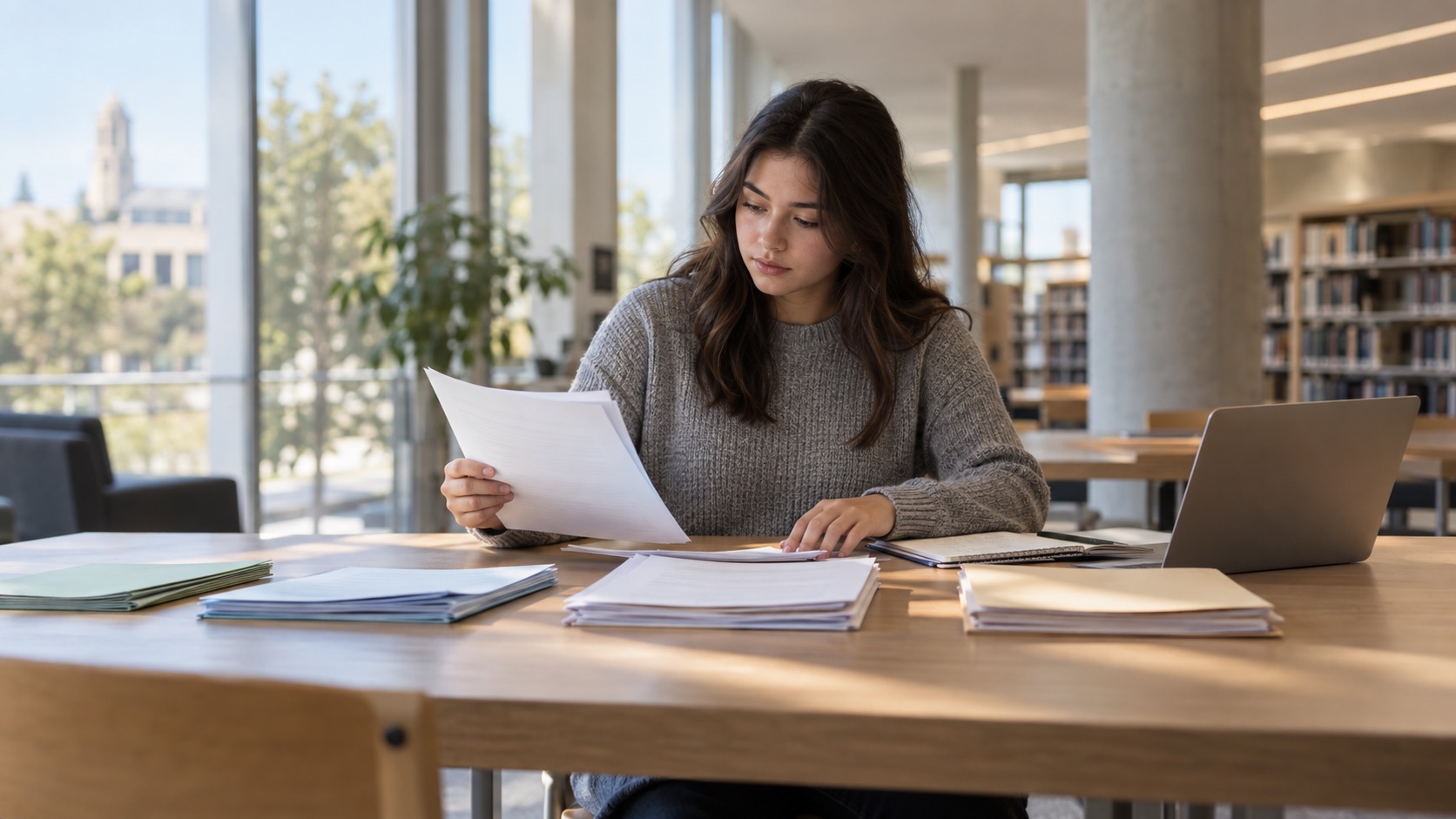 College student comparing grants, scholarships, work-study, and loan documents at a quiet study table
